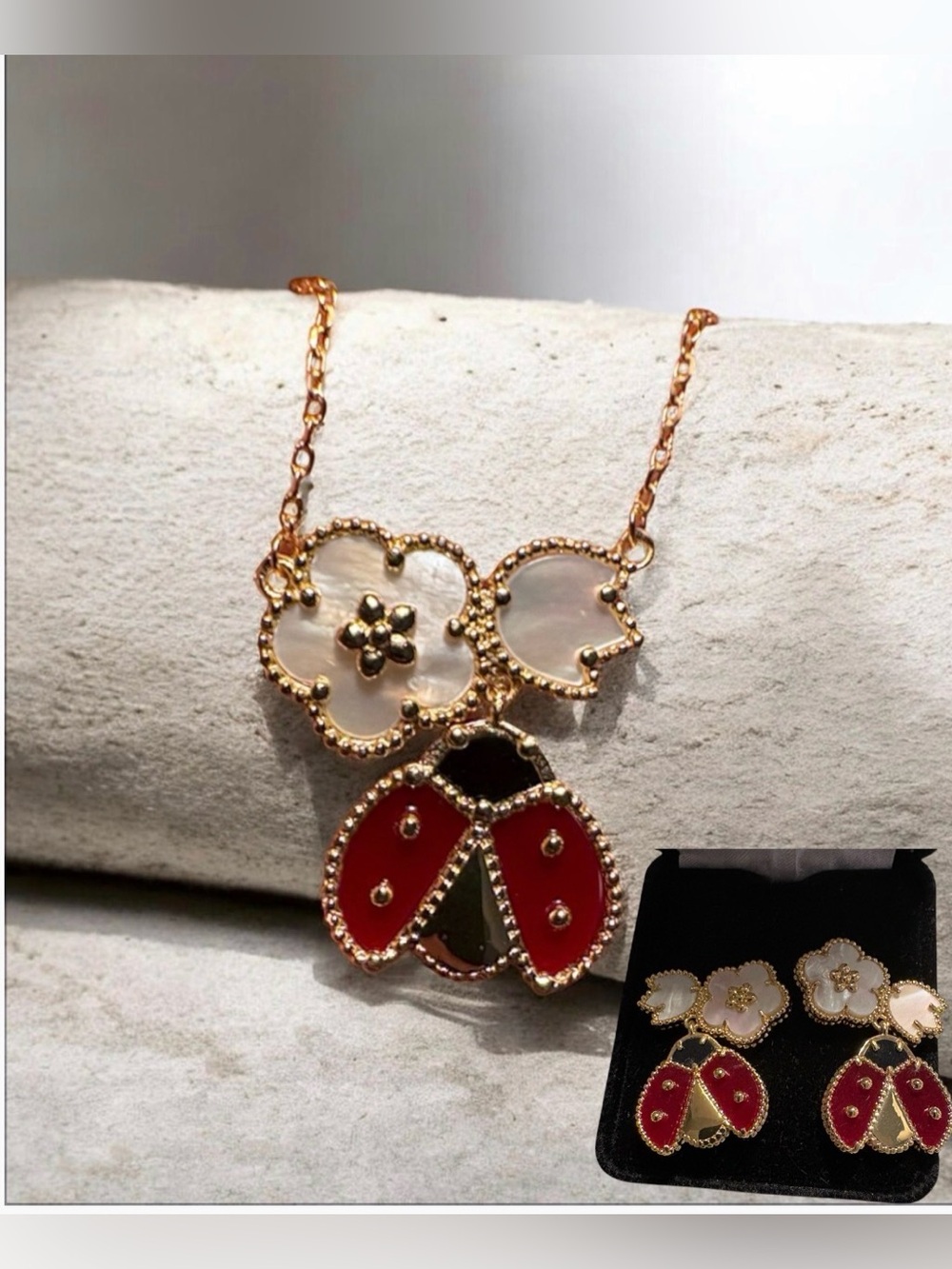 Gold-Tone Mother-of-Pearl Flower&Red Enamel Ladybug Necklace and Earring set.